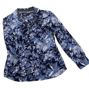Talbots Womens Sm Petite Floral Button-Up Shirt Contrast Collar Navy Periwinkle